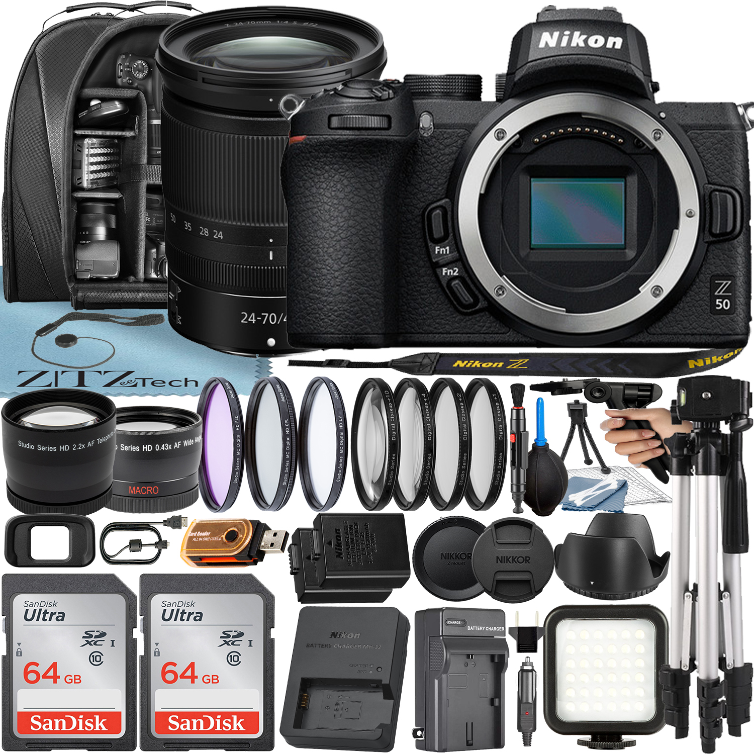 Nikon Z50 Mirrorless Camera with NIKKOR Z 24-70mm f/4 S Lens + 2 Pack 64GB SanDisk Card + Case + Tripod + ZeeTech Accessory Bundle