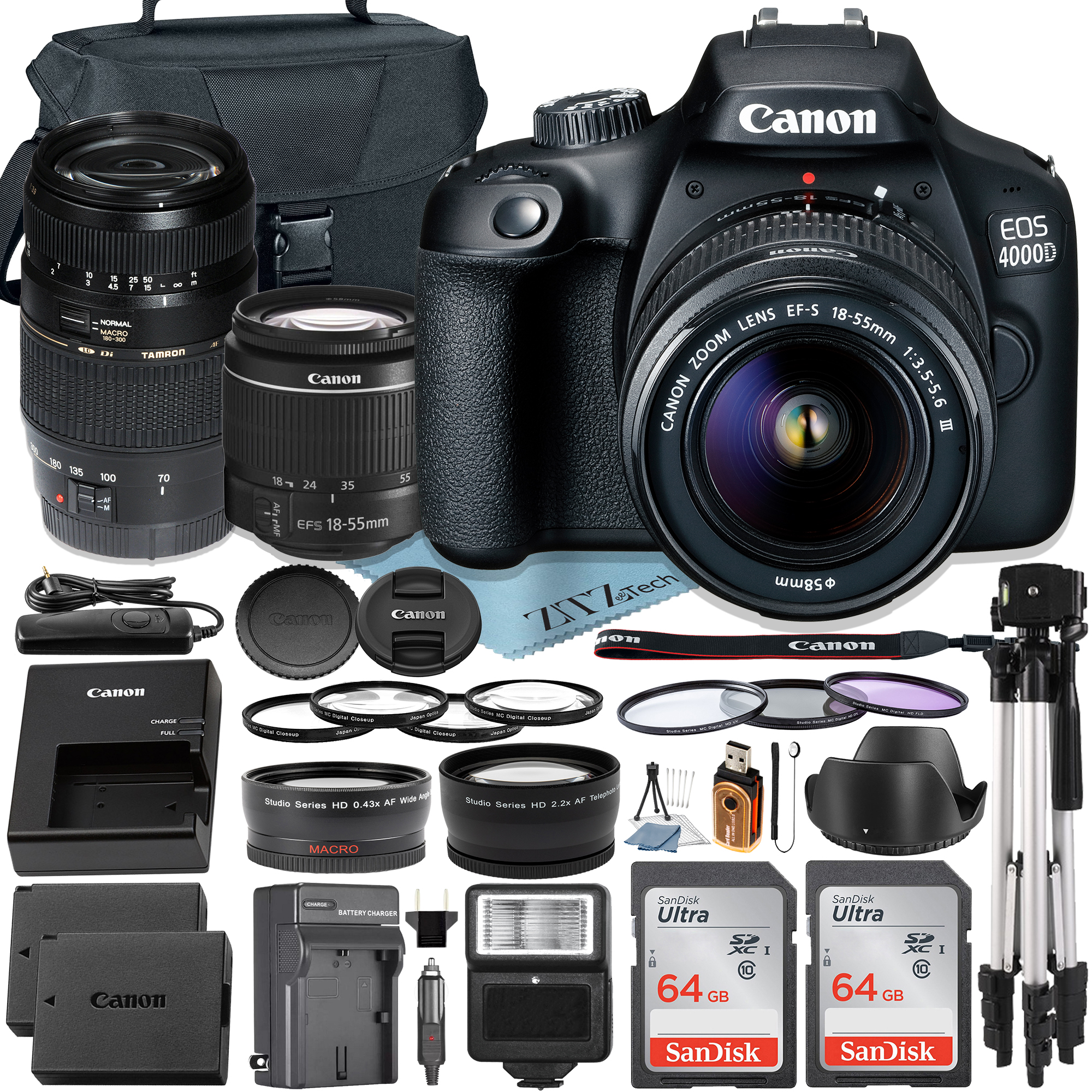 Canon EOS 4000D / Rebel T100 DSLR Camera with 18-55mm & Tamron AF 70-300mm Lens + 2 Pcs SanDisk 64GB Memory Cards + Wideangle + ZeeTech Accessory Bundle