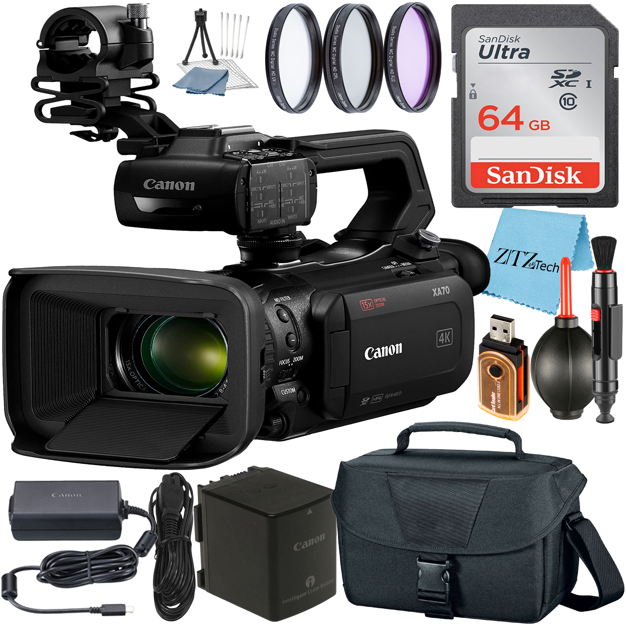 Canon XA70 UHD 4K30 Camcorder with Dual-Pixel Autofocus + SanDisk 64GB Memory Card + Case + 3 Pieces Filter + ZeeTech Accessory Bundle