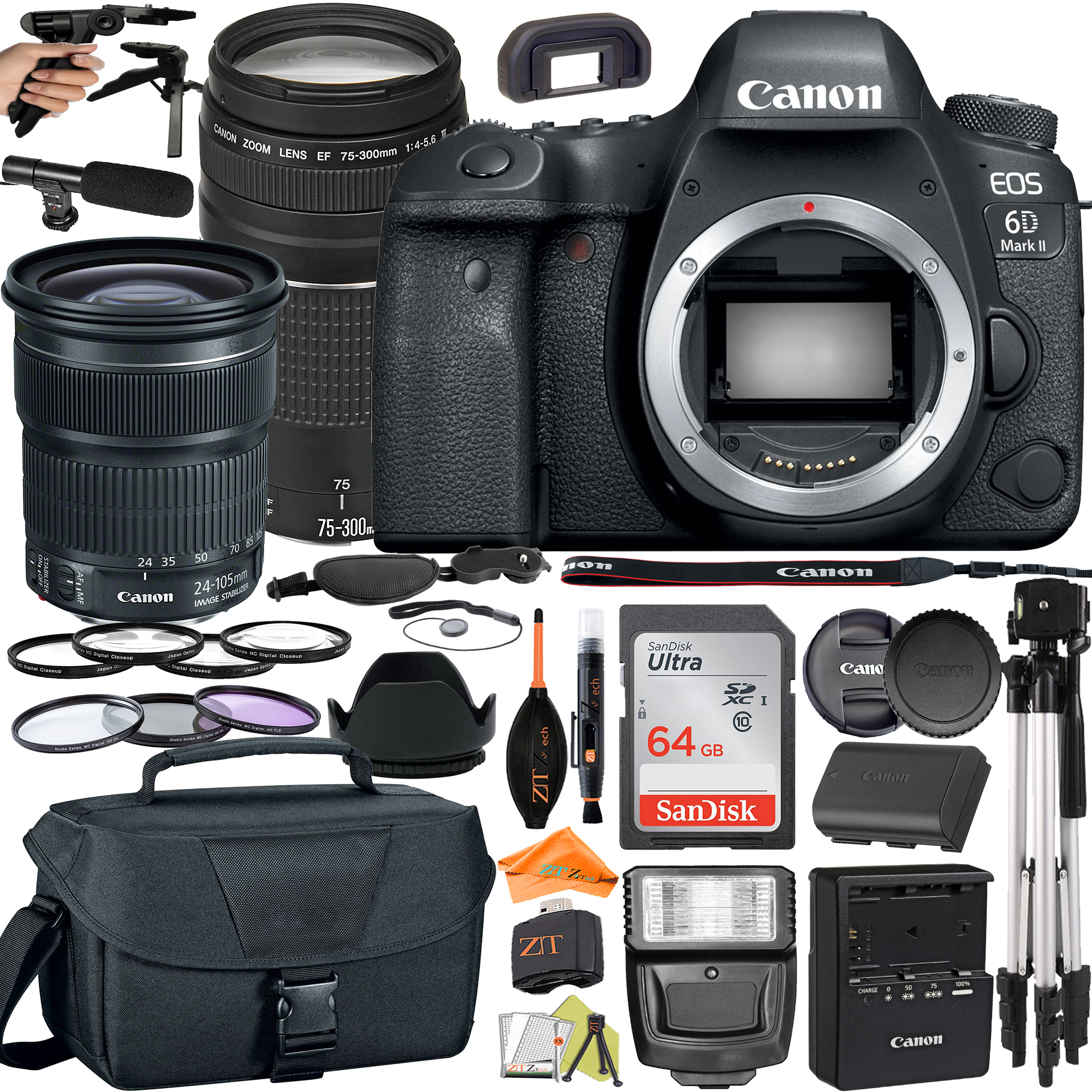 Canon EOS 6D Mark II DSLR Camera with 24-105mm + 75-300mm Lens + SanDisk 64GB + Microphone + Flash + ZeeTech Accessory Bundle