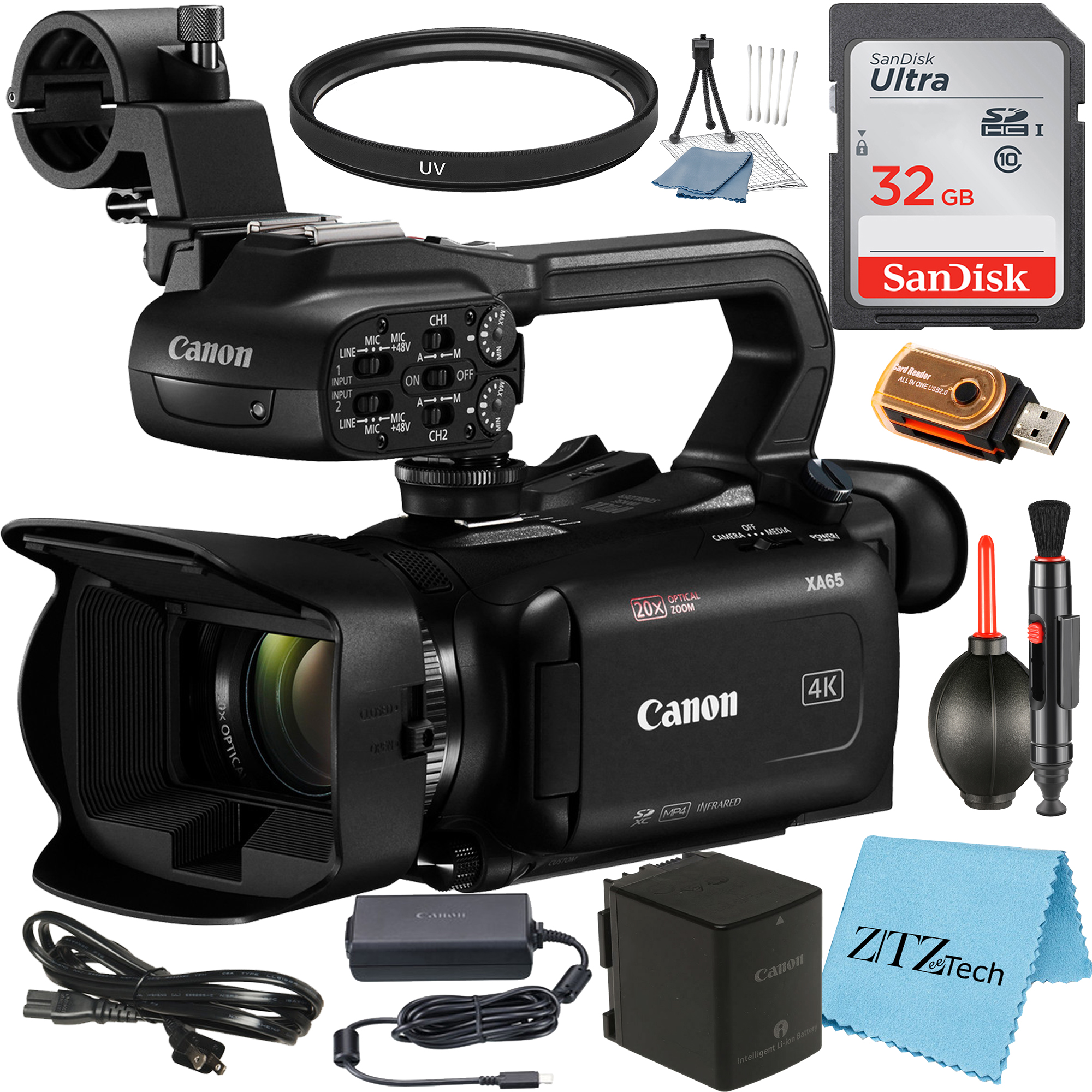 Canon XA65 Professional UHD 4K Camcorder with SanDisk 32GB Memory Card + UV Fliter + ZeeTech Accessory Bundle