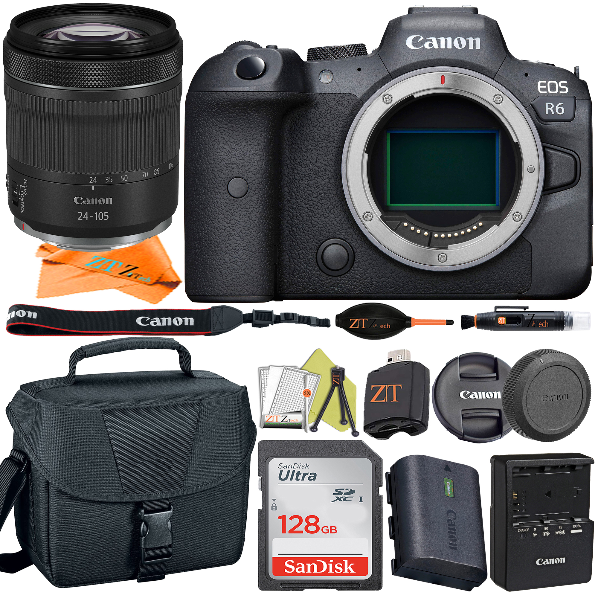 Canon EOS R6 Mirrorless Digital Camera Full Frame with RF 24-105mm STM Lens + SanDisk 128GB Memory Card + ZeeTech Accessory Bundle