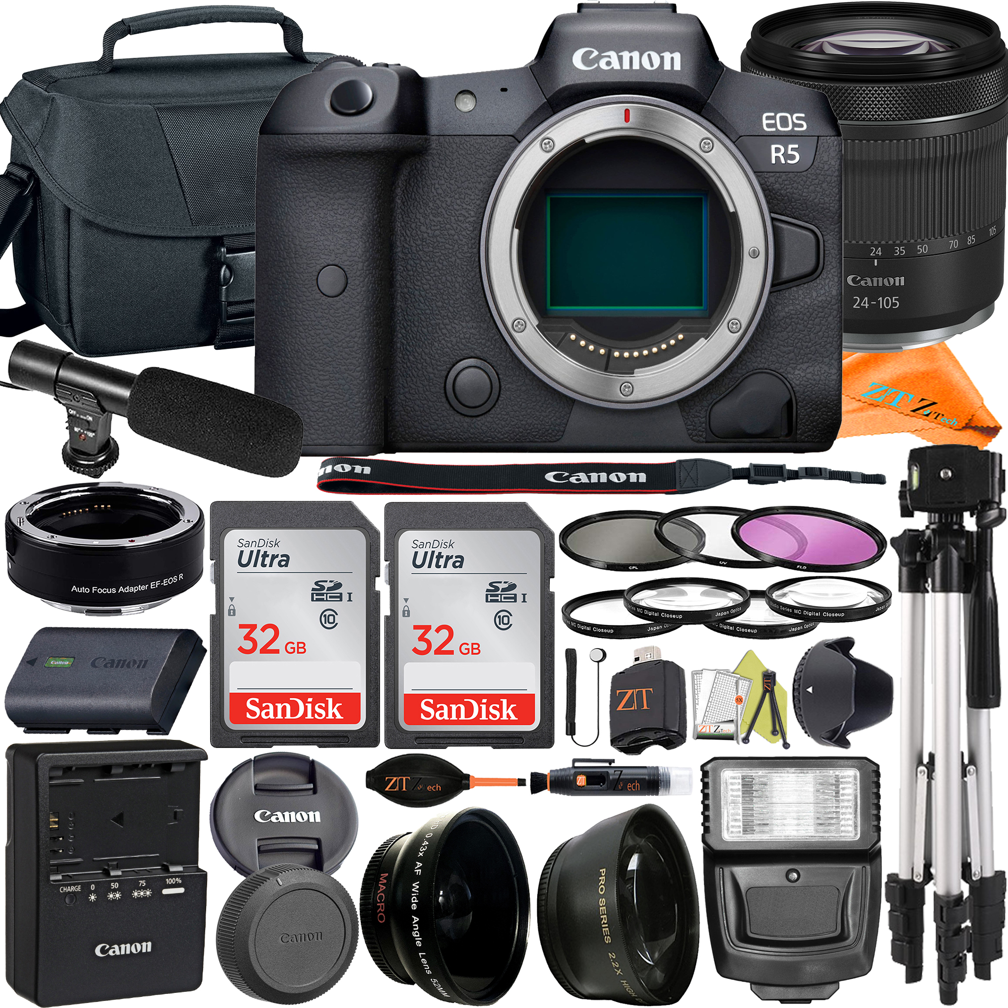 Canon EOS R5 Mirrorless Camera with RF24-105mm Lens + Mount Adapter + 2Pack SanDisk 32GB + Case + ZeeTech Accessory