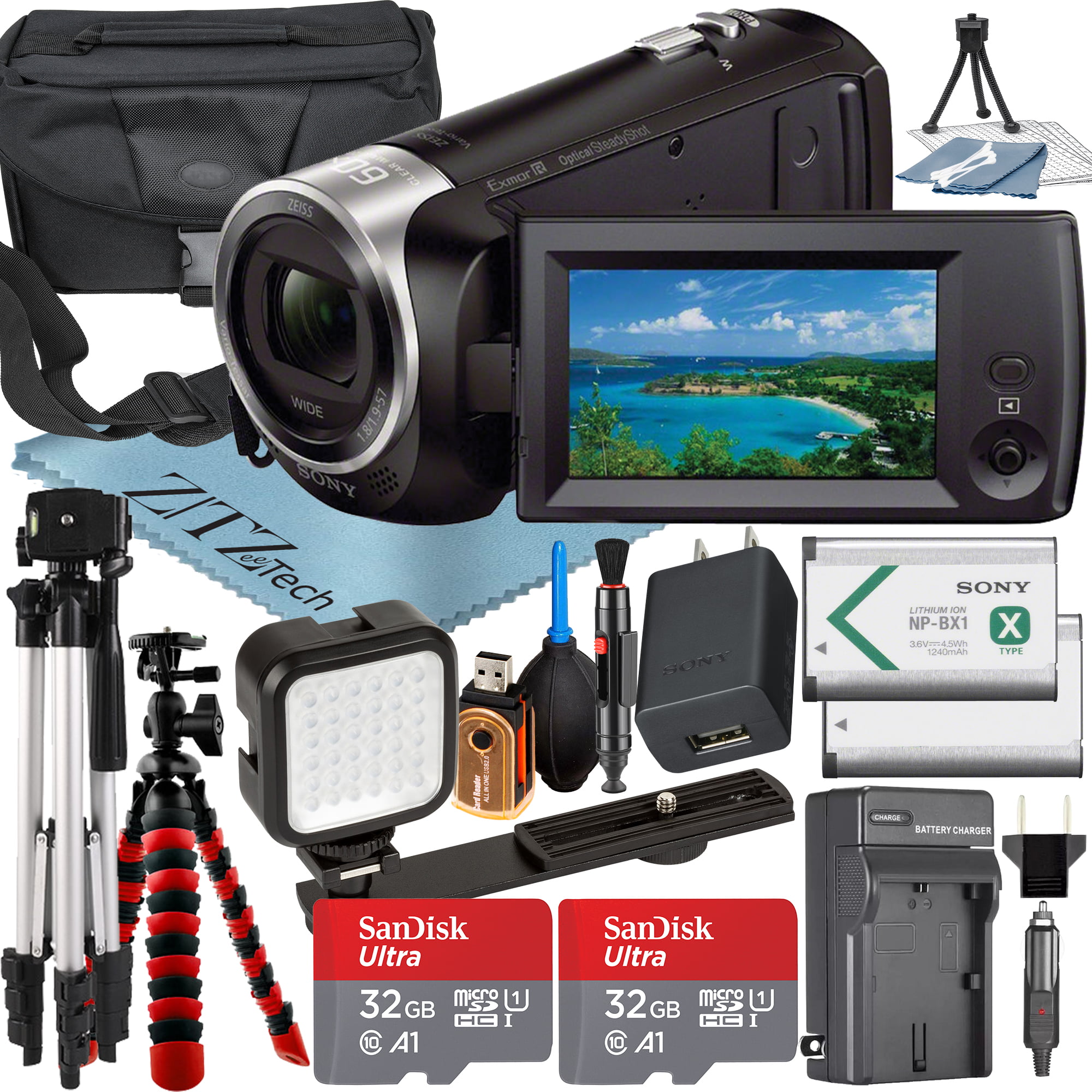 Sony HDR-CX405 HD Handycam Camcorder with 2 Pack 32GB Micro SD Card + LED Flash + Case + Tripod + ZeeTech Accessory Bundle