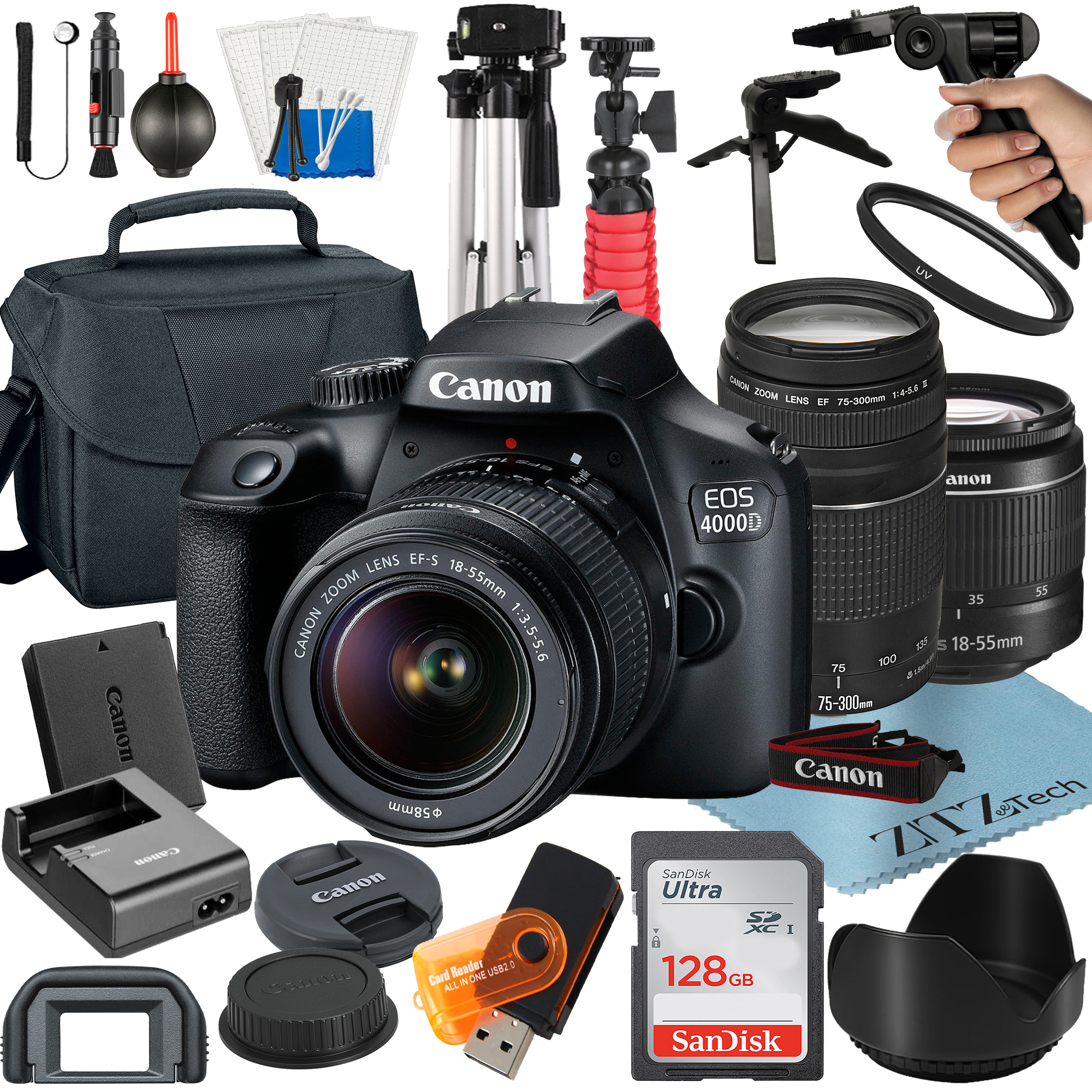 Canon EOS Rebel T100 / 4000D DSLR Camera Bundle with 18-55mm + 75-300mm Lens + 128GB SanDisk Card + Case + Tripod + ZeeTech Accessory