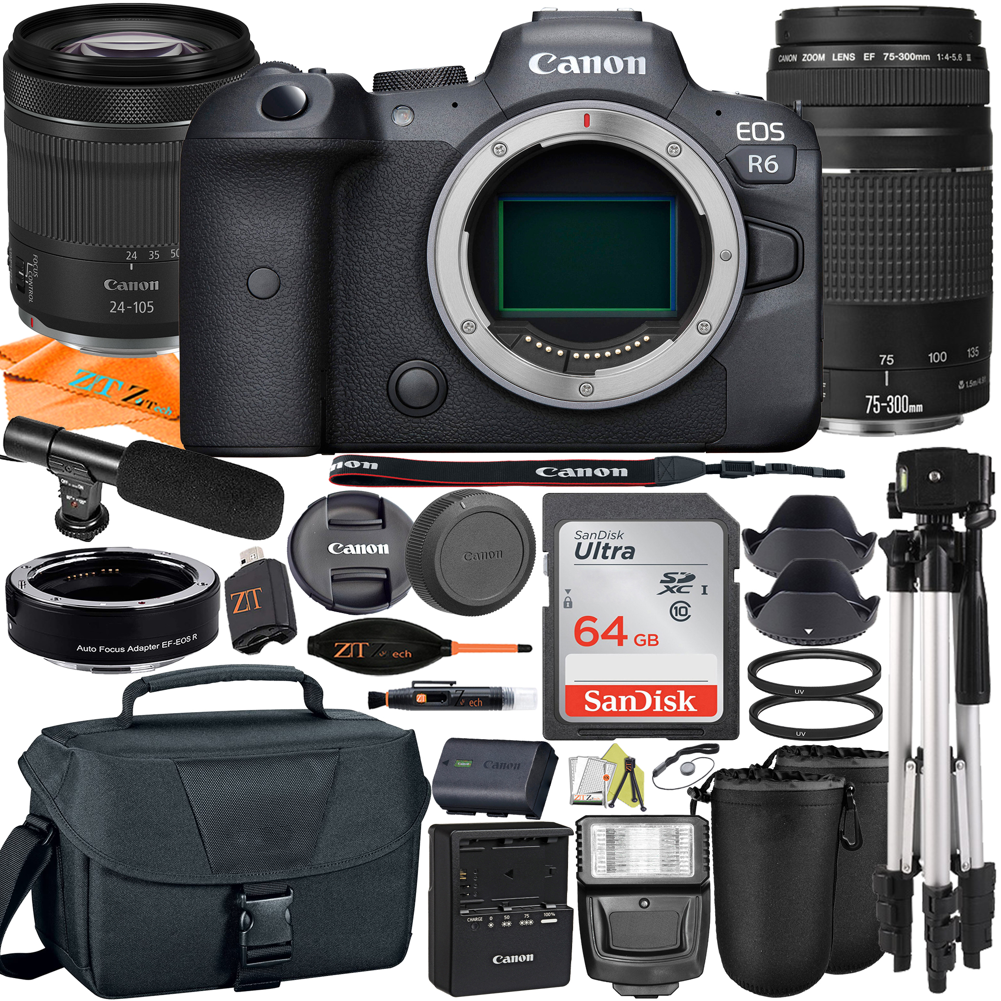 Canon EOS R6 Mirrorless Digital Camera with RF 24-105mm STM + 75-300mm Lens + Mount Adapter + SanDisk 128GB + ZeeTech Accessory