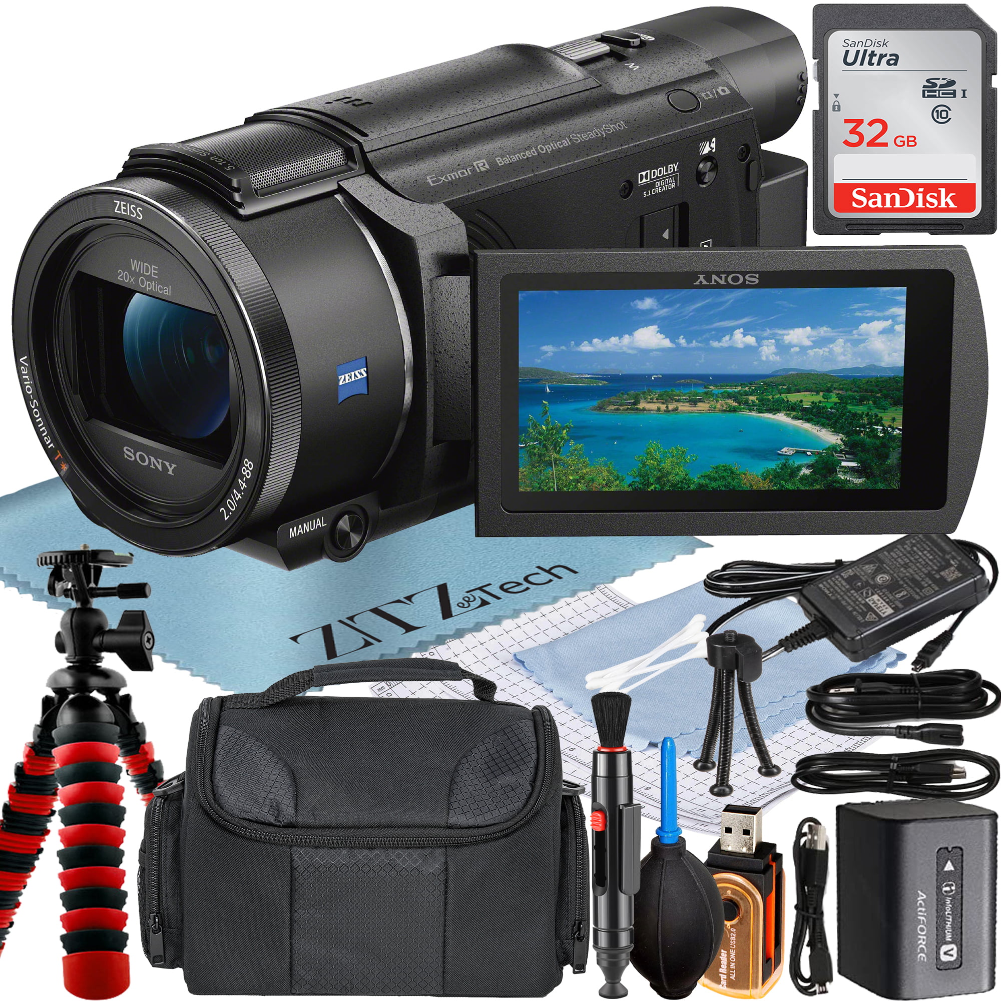 Sony FDR-AX53 4K Ultra HD Handycam Camcorder with 32GB SanDisk Memory Card + Case + Tripod + ZeeTech Accessory Bundle