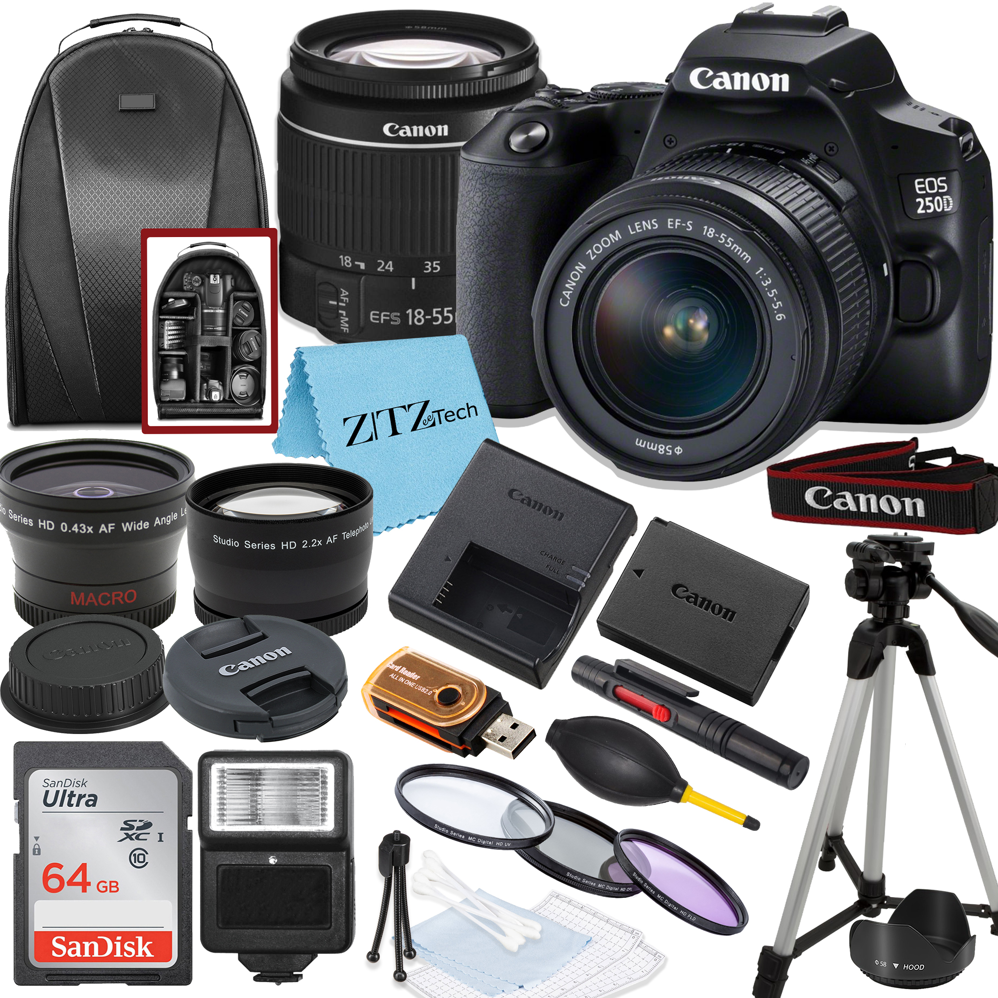 Canon EOS 250D / Rebel SL3 DSLR Camera with 18-55mm Lens, SanDisk 64GB Memory, Tripod, Backpack and ZeeTech Bundle